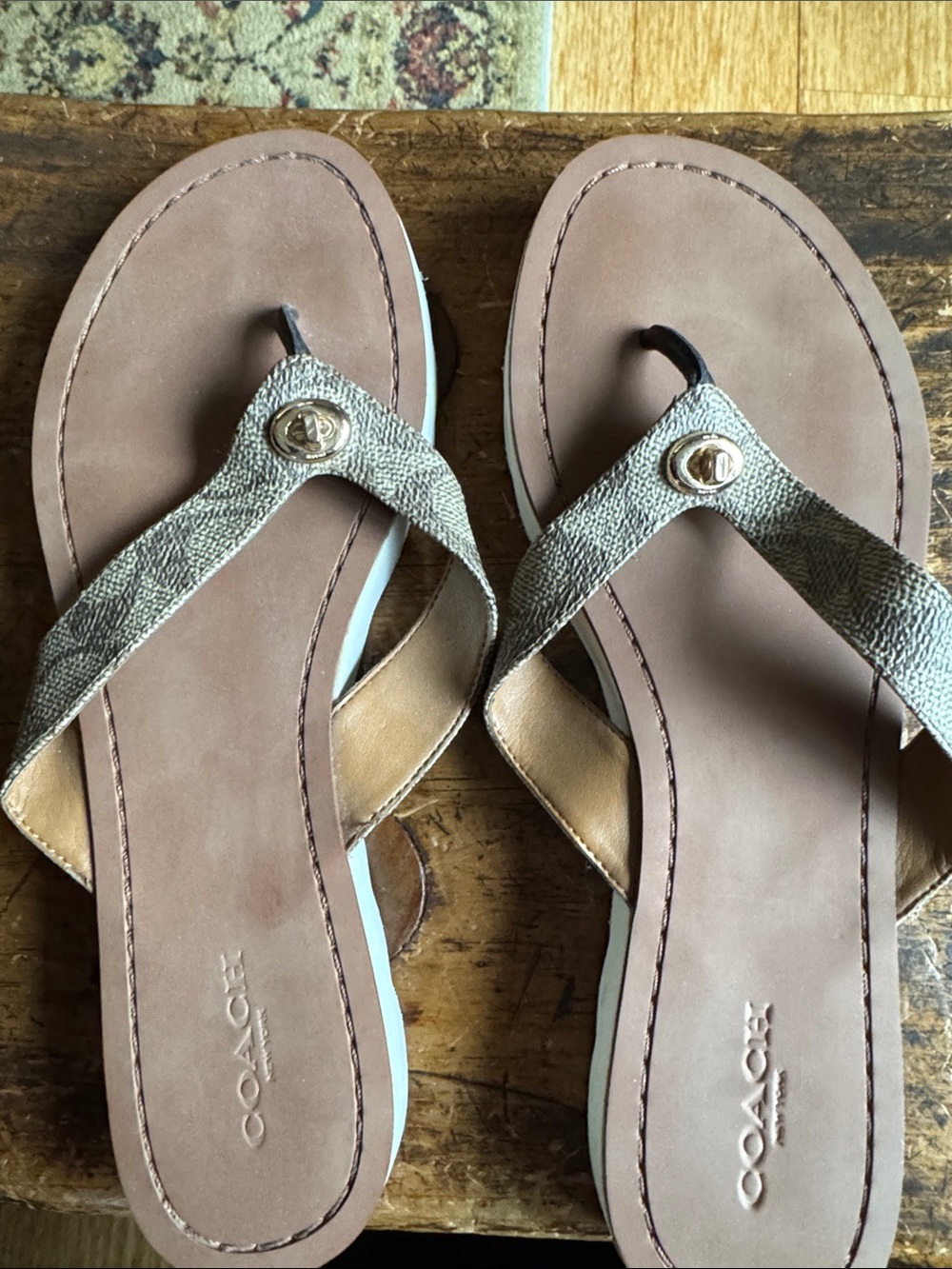 Coach Tan Leather Thong Sandals with Signature Fabric Straps